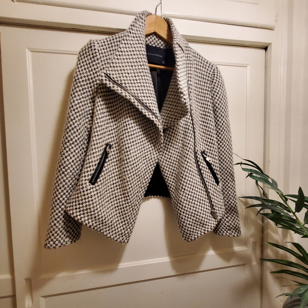 Black and White Wool Blend Moto jacket by Olivaceous size M
